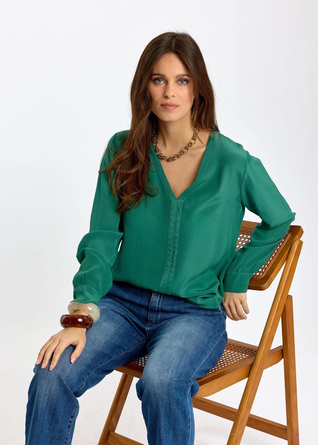 CHEMISE FLUIDE COL V UNIE EN VISCOSE CRÊPE LÉGÈRE LUCY MINT