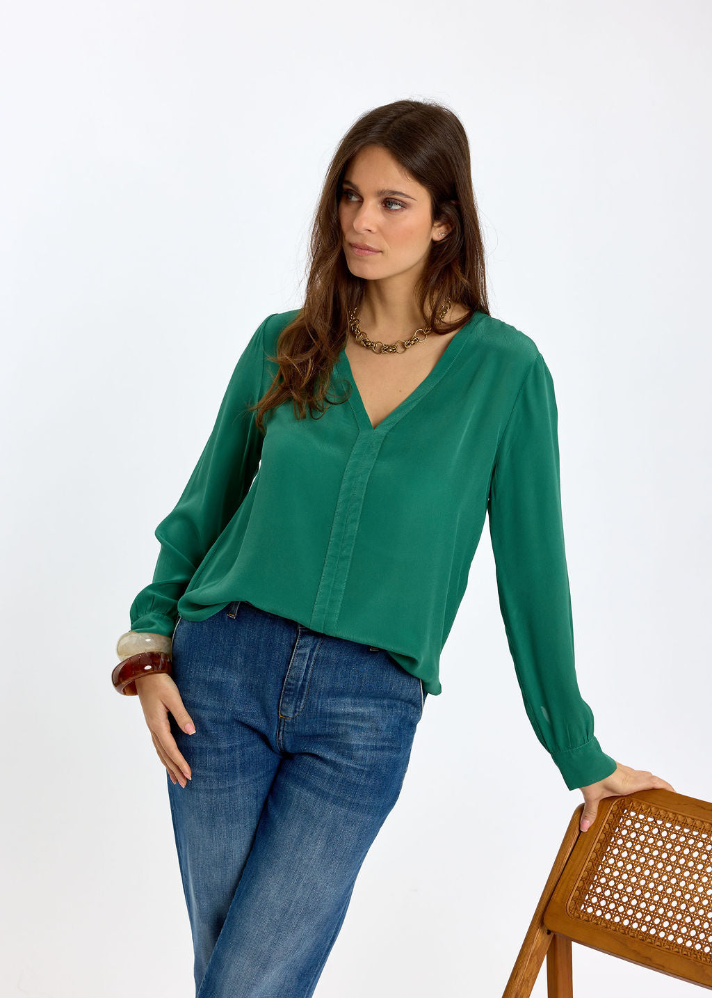 CHEMISE FLUIDE COL V UNIE EN VISCOSE CRÊPE LÉGÈRE LUCY MINT