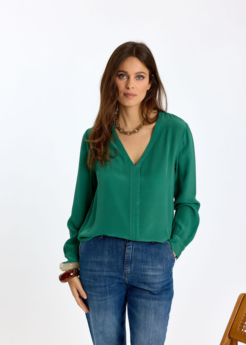 CHEMISE FLUIDE COL V UNIE EN VISCOSE CRÊPE LÉGÈRE LUCY MINT