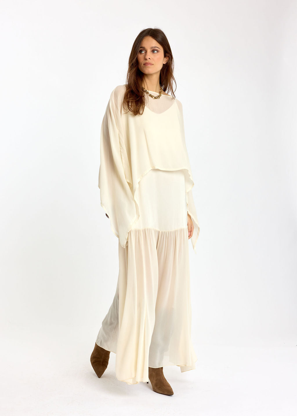 ROBE LONGUE BI-MATIÈRE TESS ECRU
