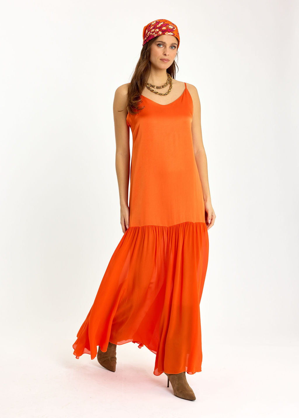 ROBE LONGUE BI-MATIÈRE TESS MANDARINE