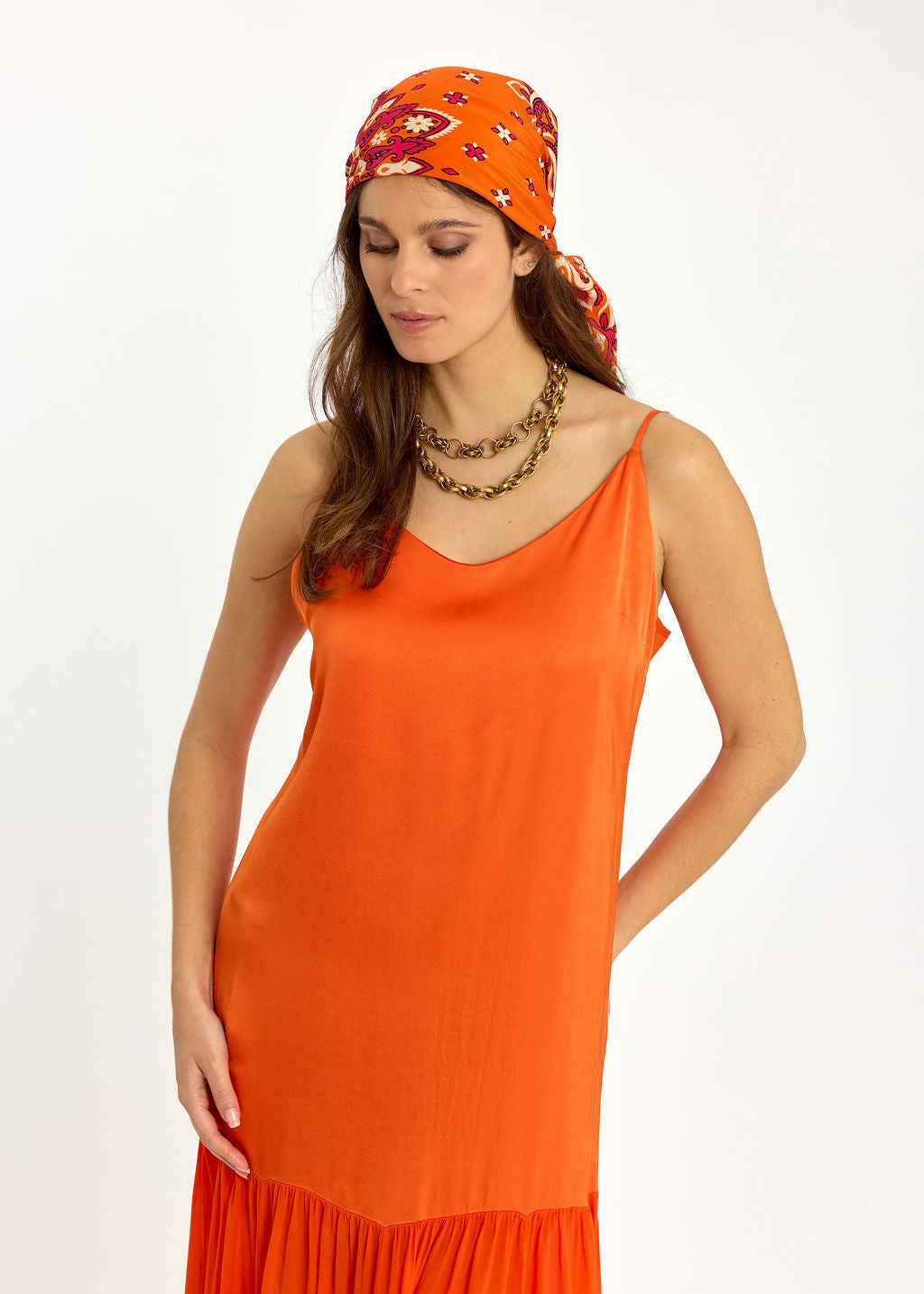 ROBE LONGUE BI-MATIÈRE TESS MANDARINE