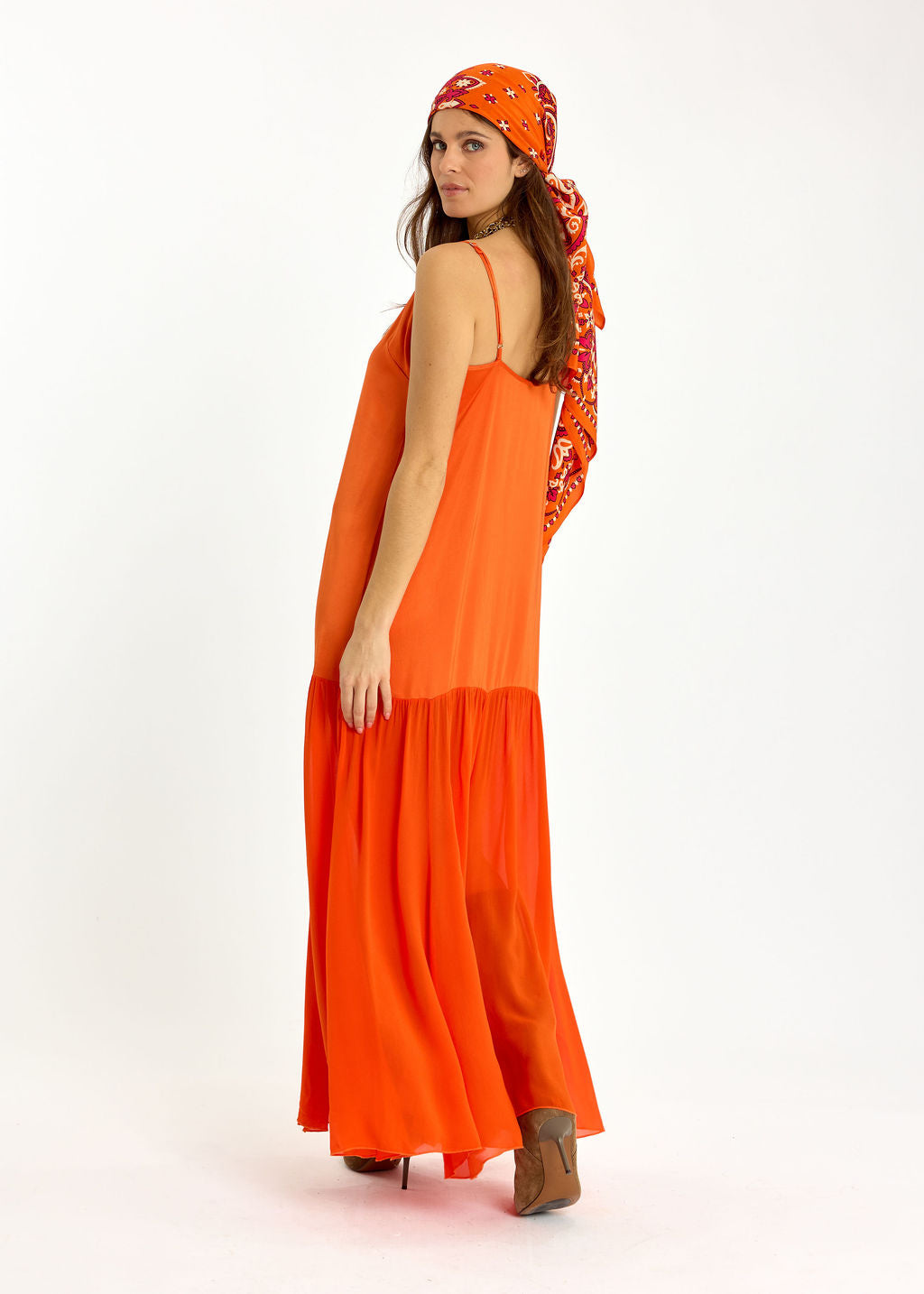 ROBE LONGUE BI-MATIÈRE TESS MANDARINE