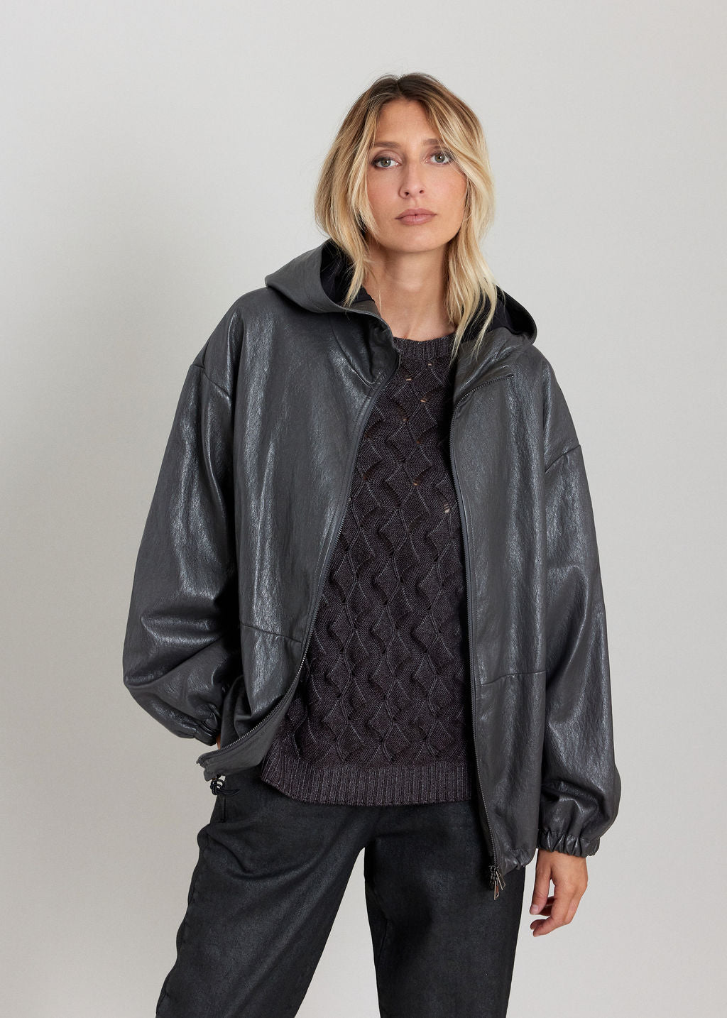 BLOUSON FAUX CUIR À CAPUCHE NOAM ARDOISE