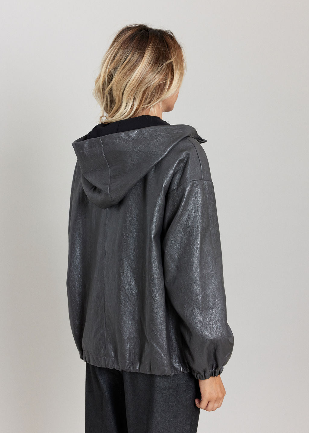 BLOUSON FAUX CUIR À CAPUCHE NOAM ARDOISE