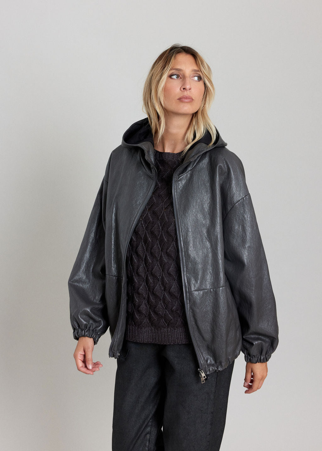BLOUSON FAUX CUIR À CAPUCHE NOAM ARDOISE