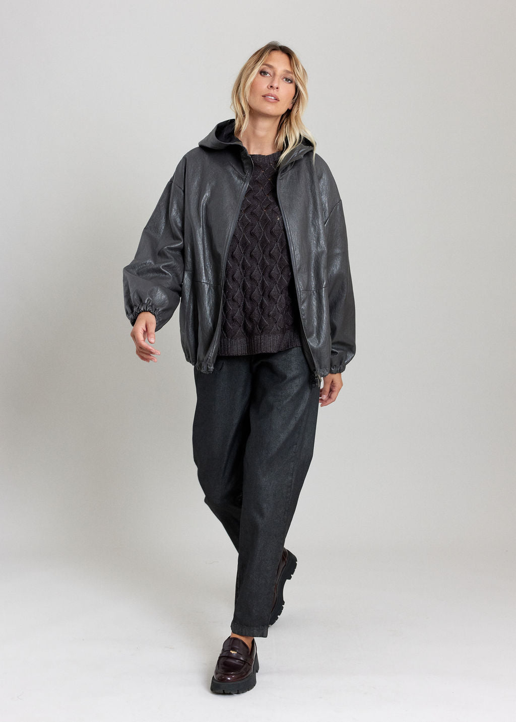 BLOUSON FAUX CUIR À CAPUCHE NOAM ARDOISE