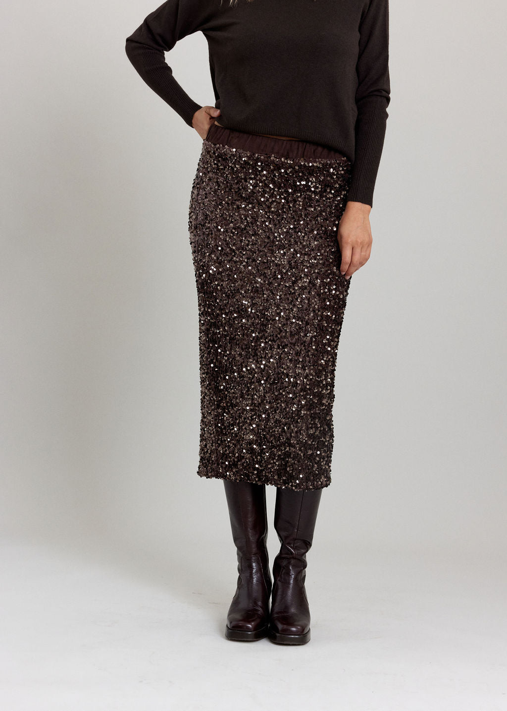 JUPE MIDI À SEQUINS CHANI ESPRESSO