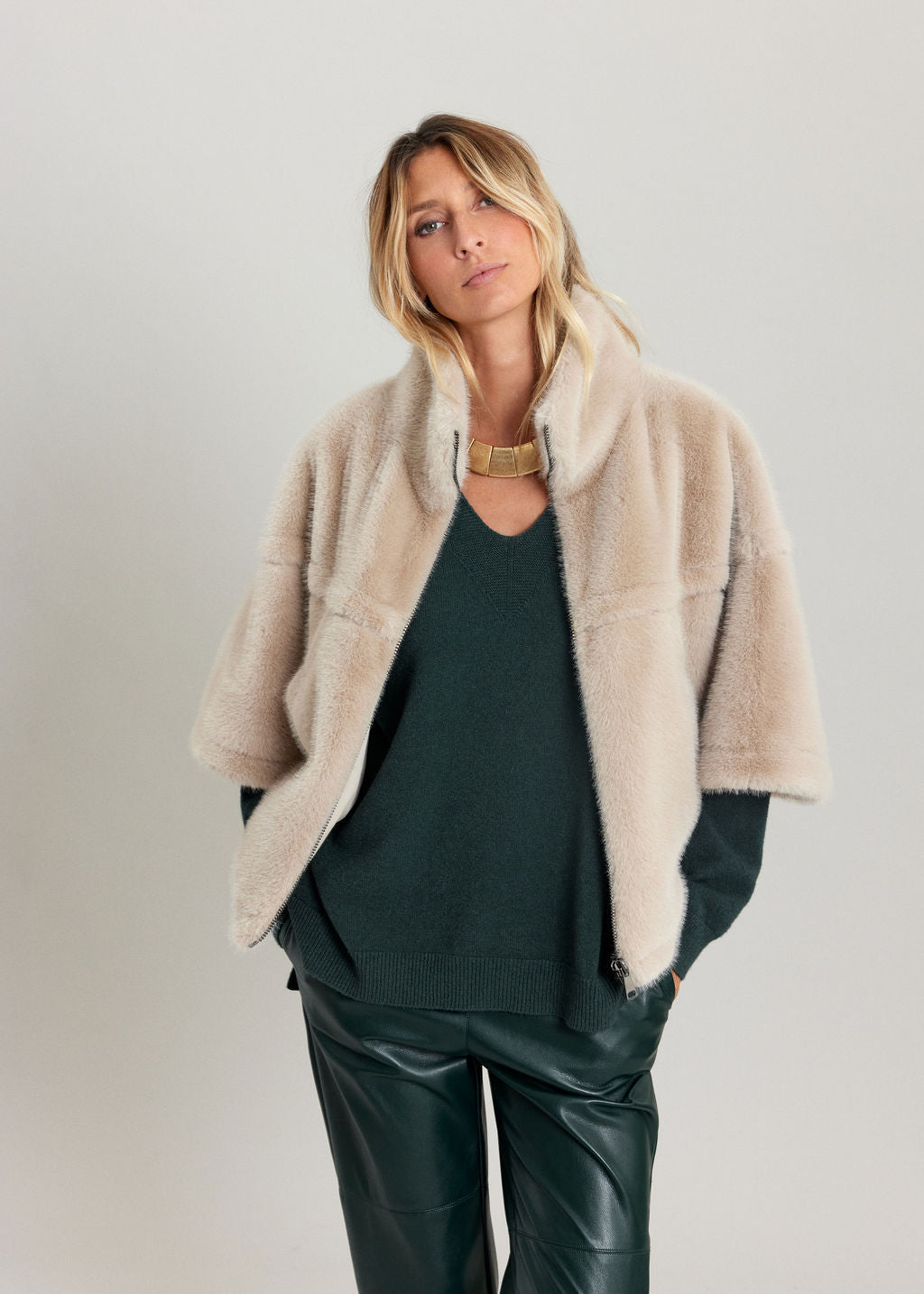 IZA BEIGE FAUX FUR PONCHO