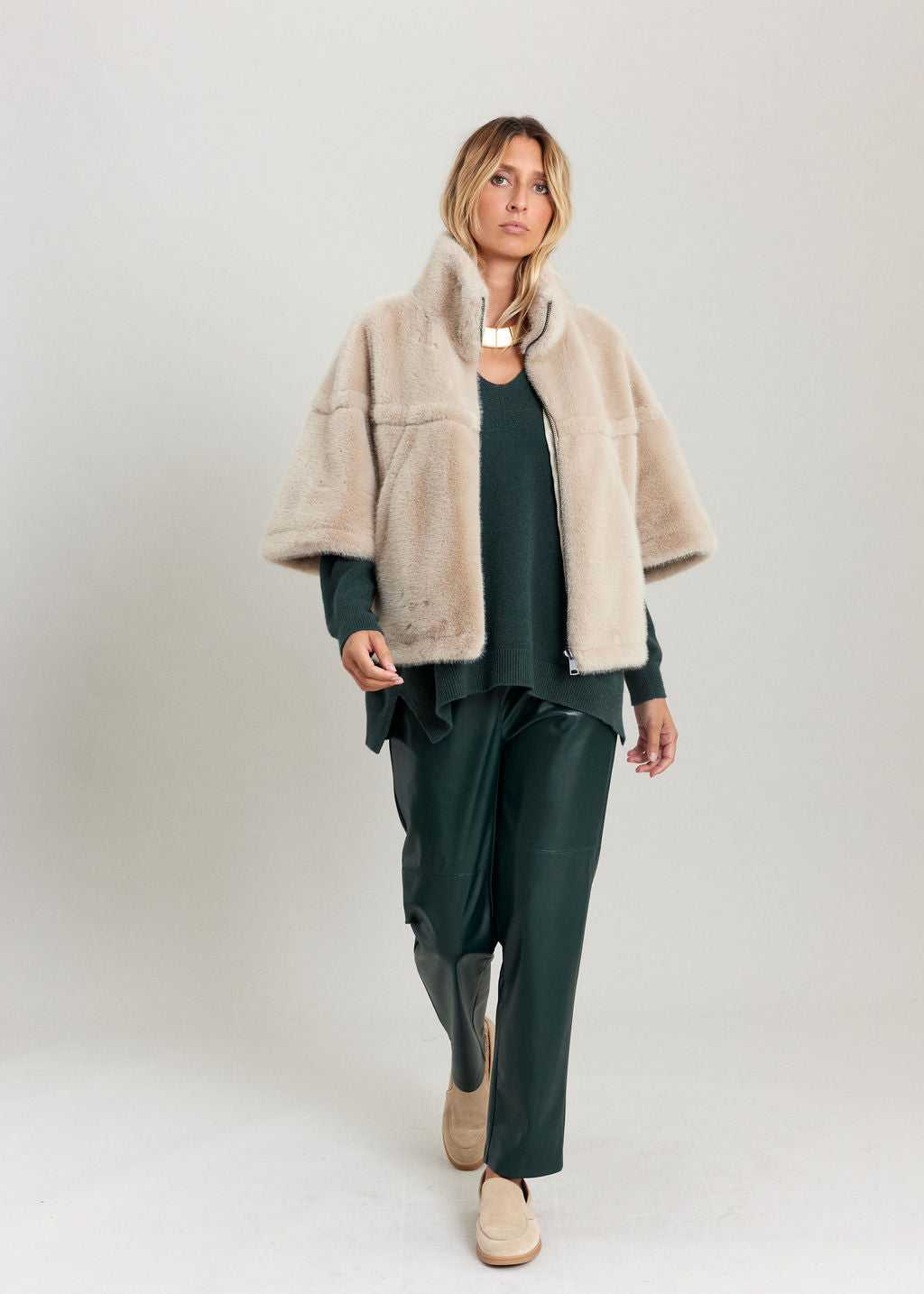 IZA BEIGE FAUX FUR PONCHO