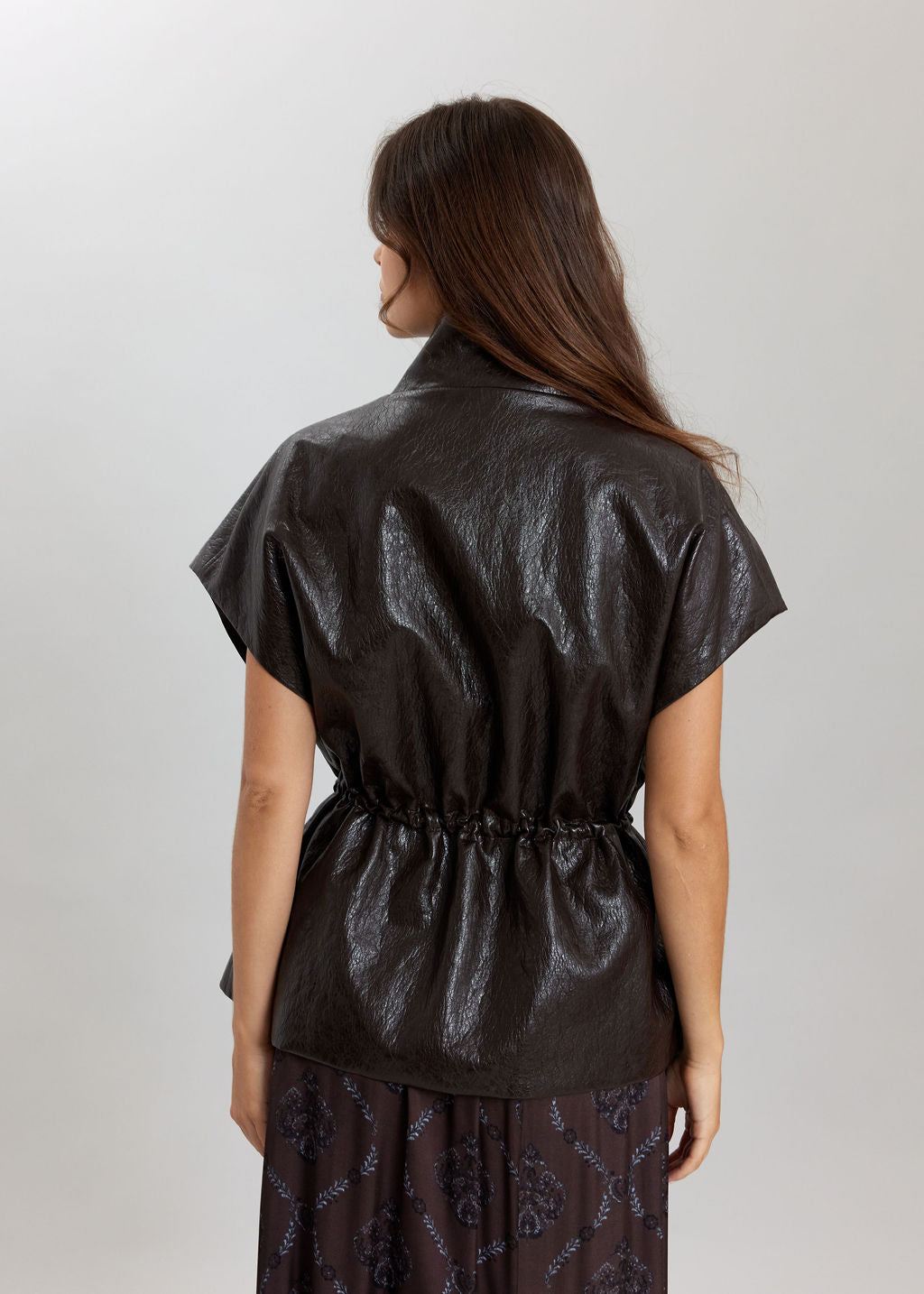 BROWN MARCY FAUX LEATHER SLEEVELESS JACKET