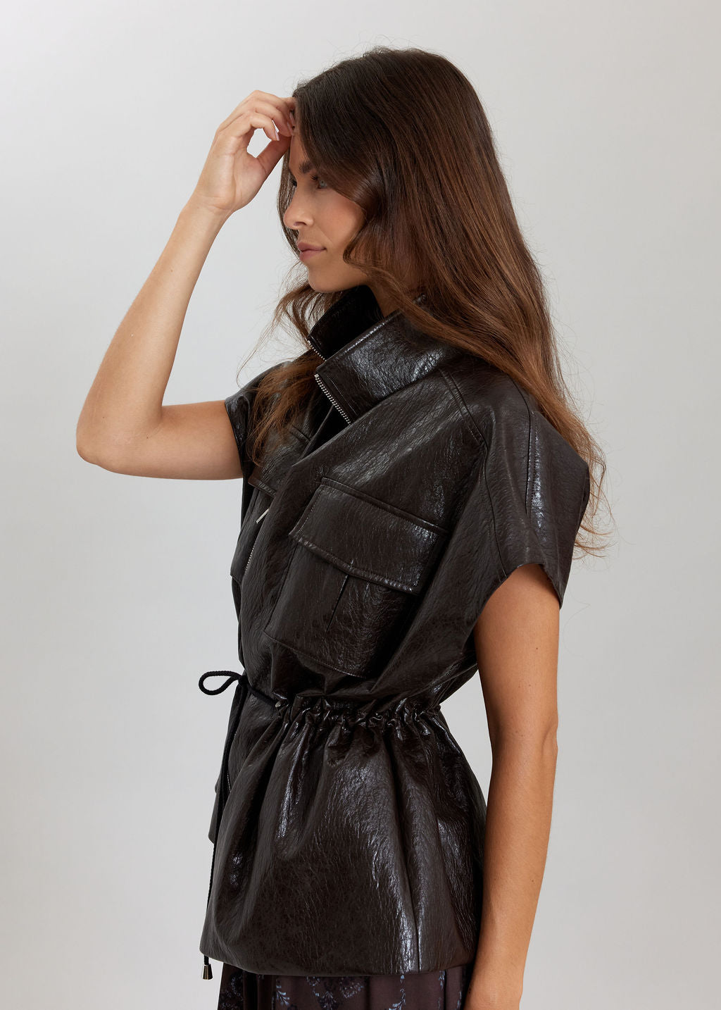 BROWN MARCY FAUX LEATHER SLEEVELESS JACKET