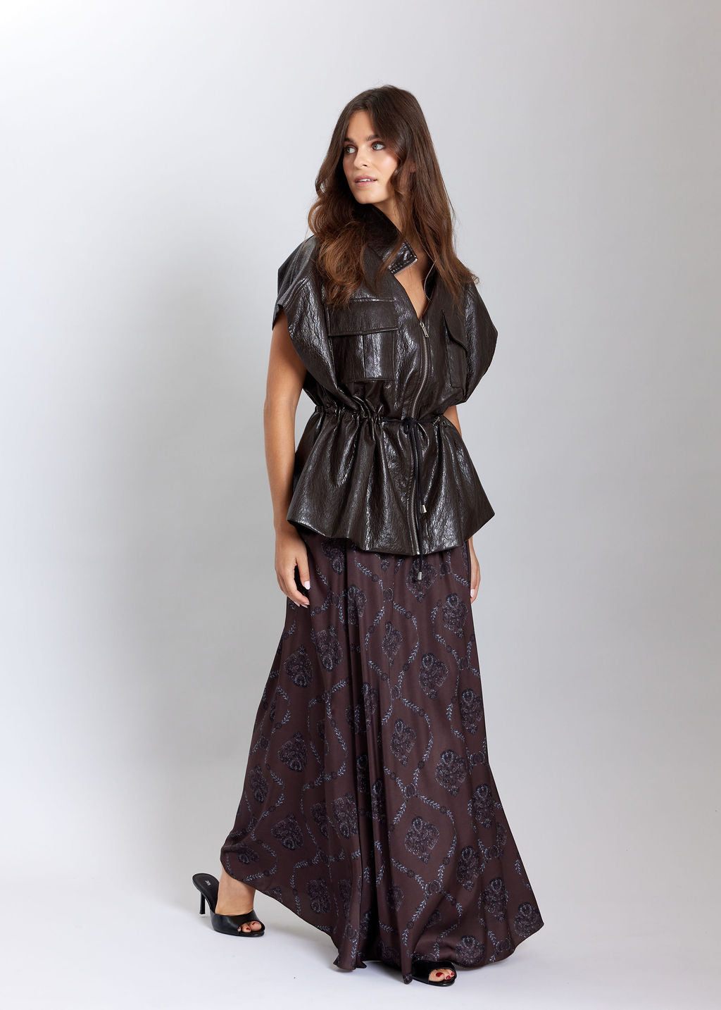 BROWN MARCY FAUX LEATHER SLEEVELESS JACKET