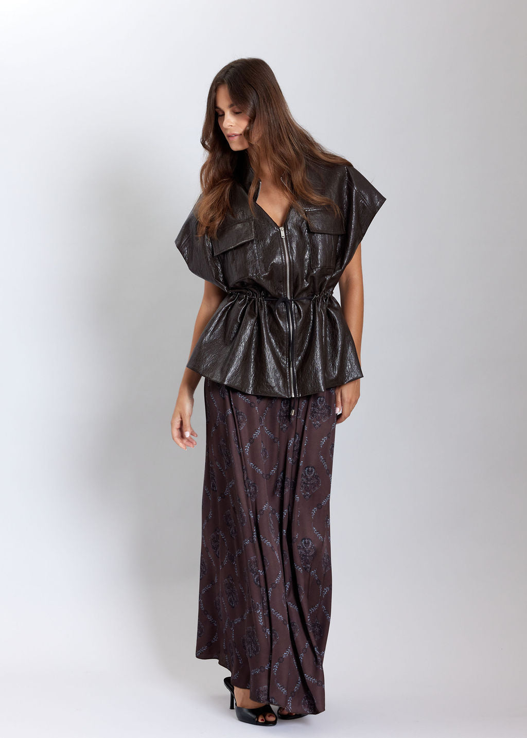 BROWN MARCY FAUX LEATHER SLEEVELESS JACKET