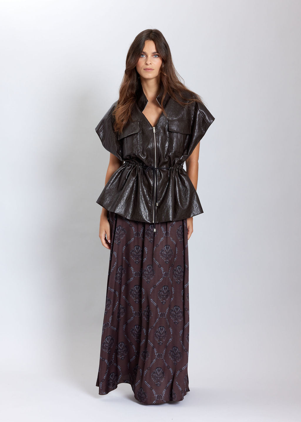 BROWN MARCY FAUX LEATHER SLEEVELESS JACKET