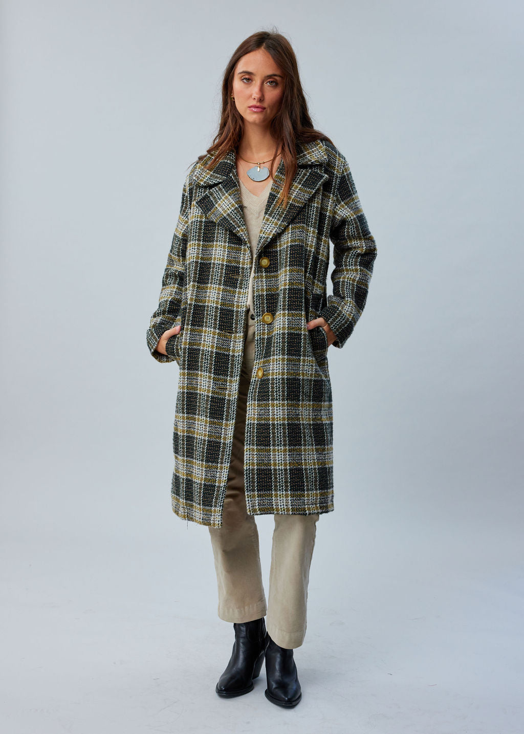 Manteau à carreaux Kaki 6 | Vêtements Femme Lauren Vidal