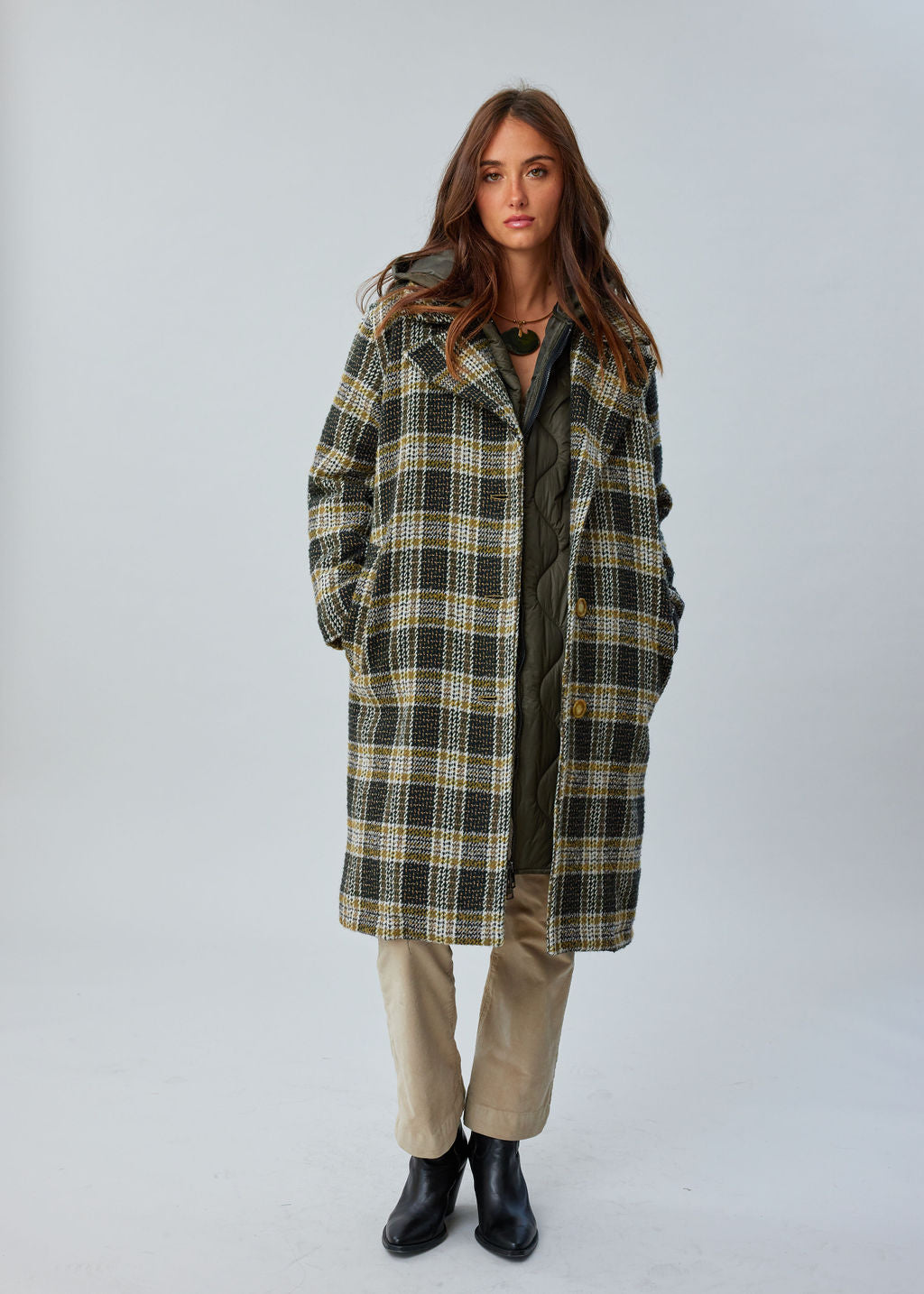 Manteau à carreaux Kaki 7 | Vêtements Femme Lauren Vidal